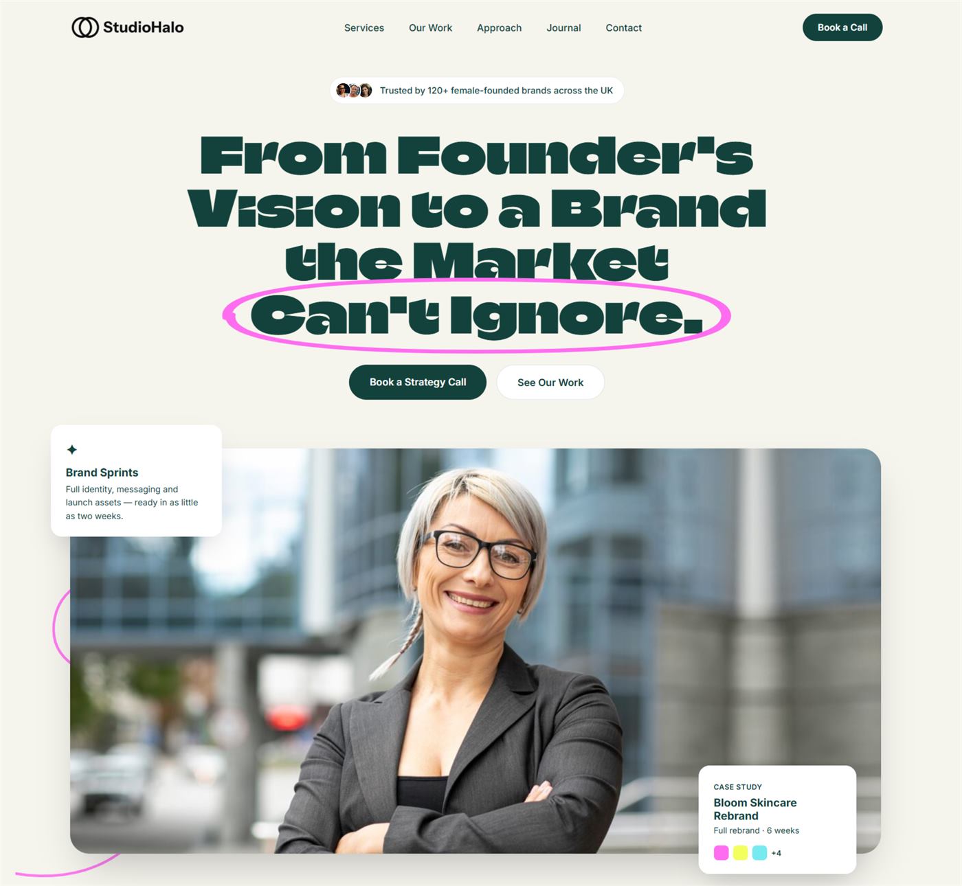 Design and marketing studio website example, hero section