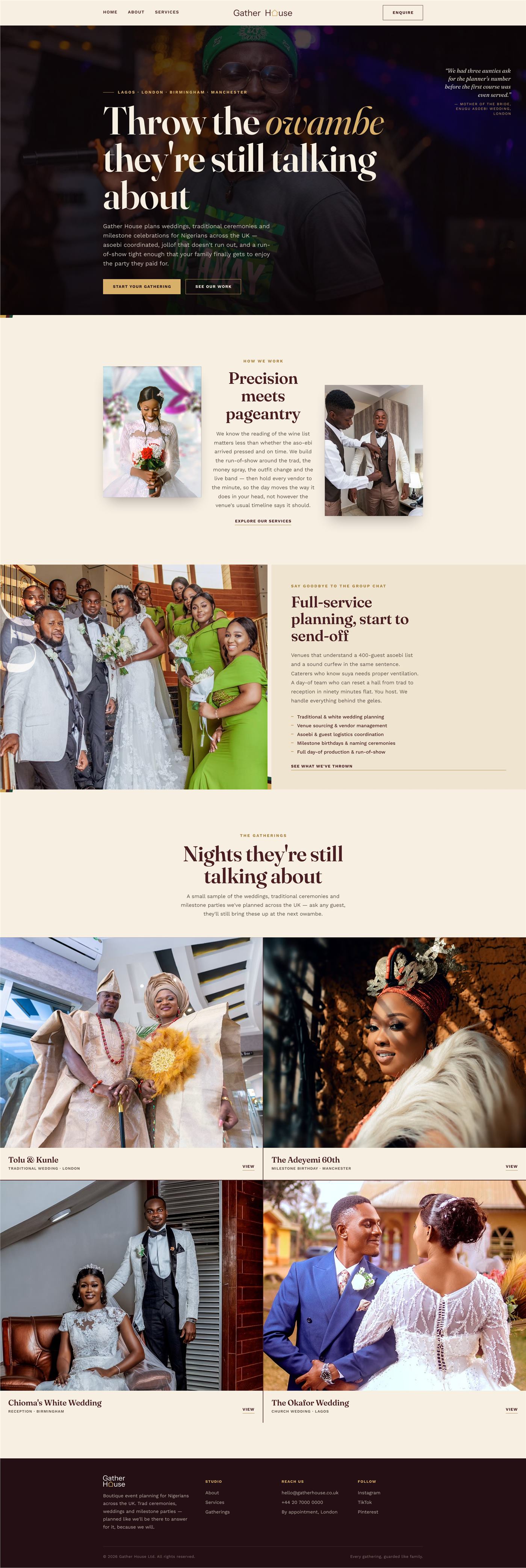 Event planning website example, full page