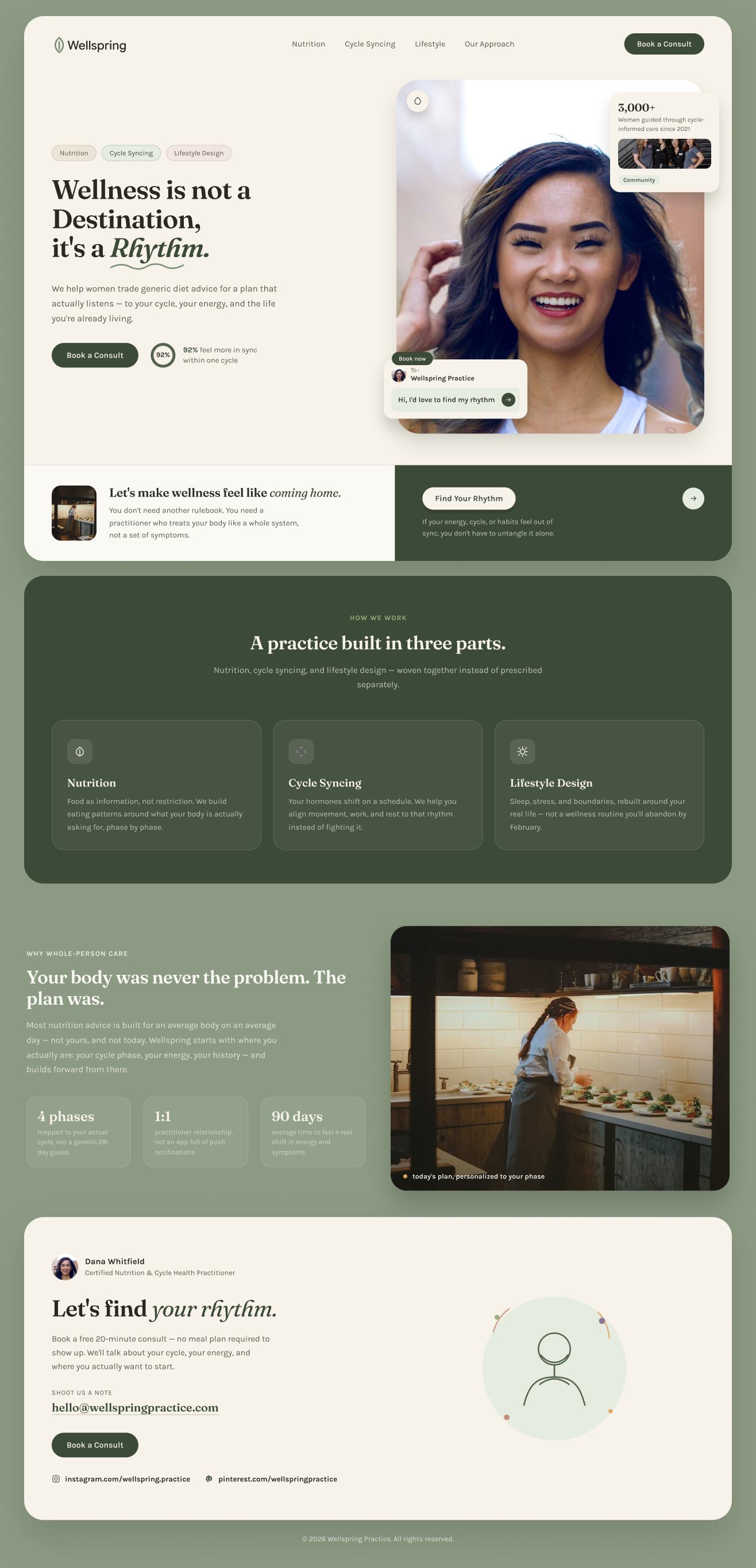 Wellness practice website example, hero and approach section