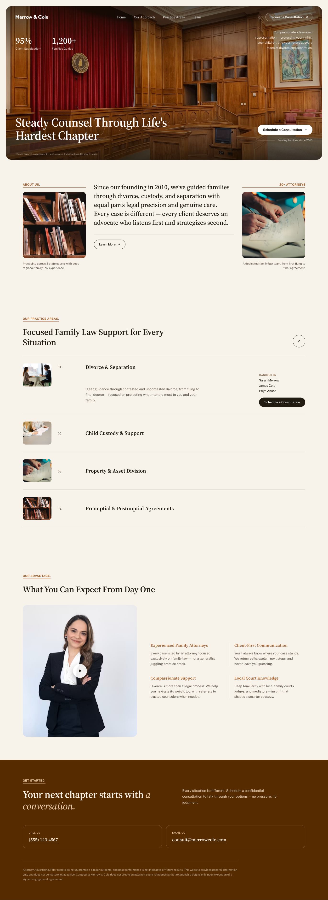 Family law firm website example, hero and practice areas