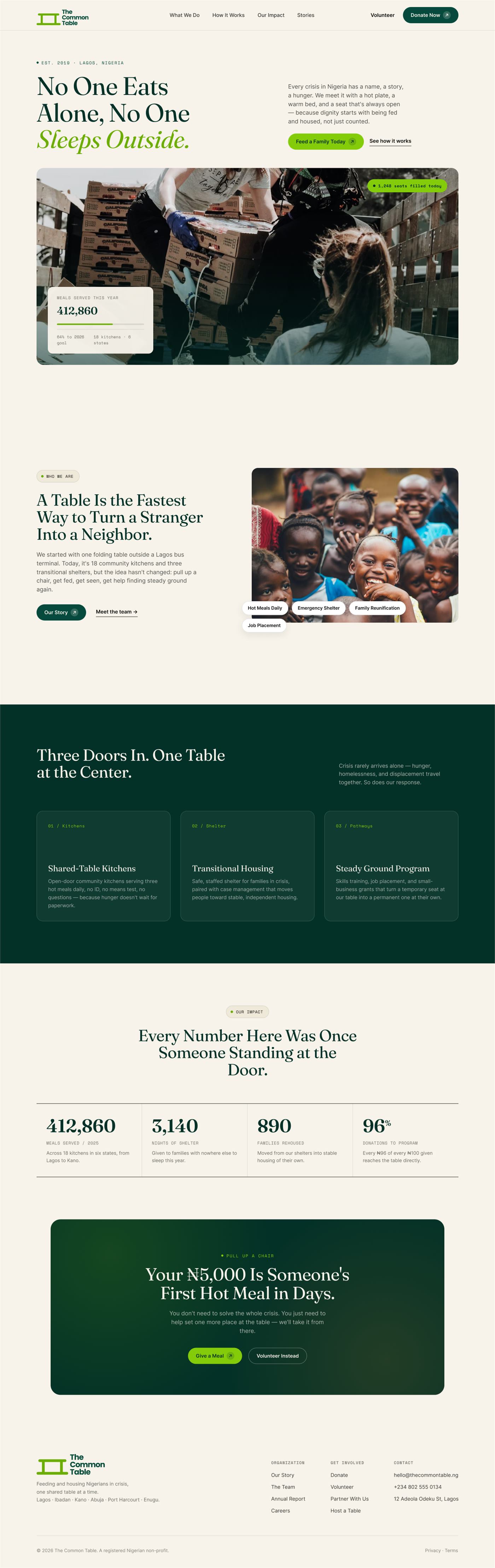 Non-profit organization website example, hero and impact section