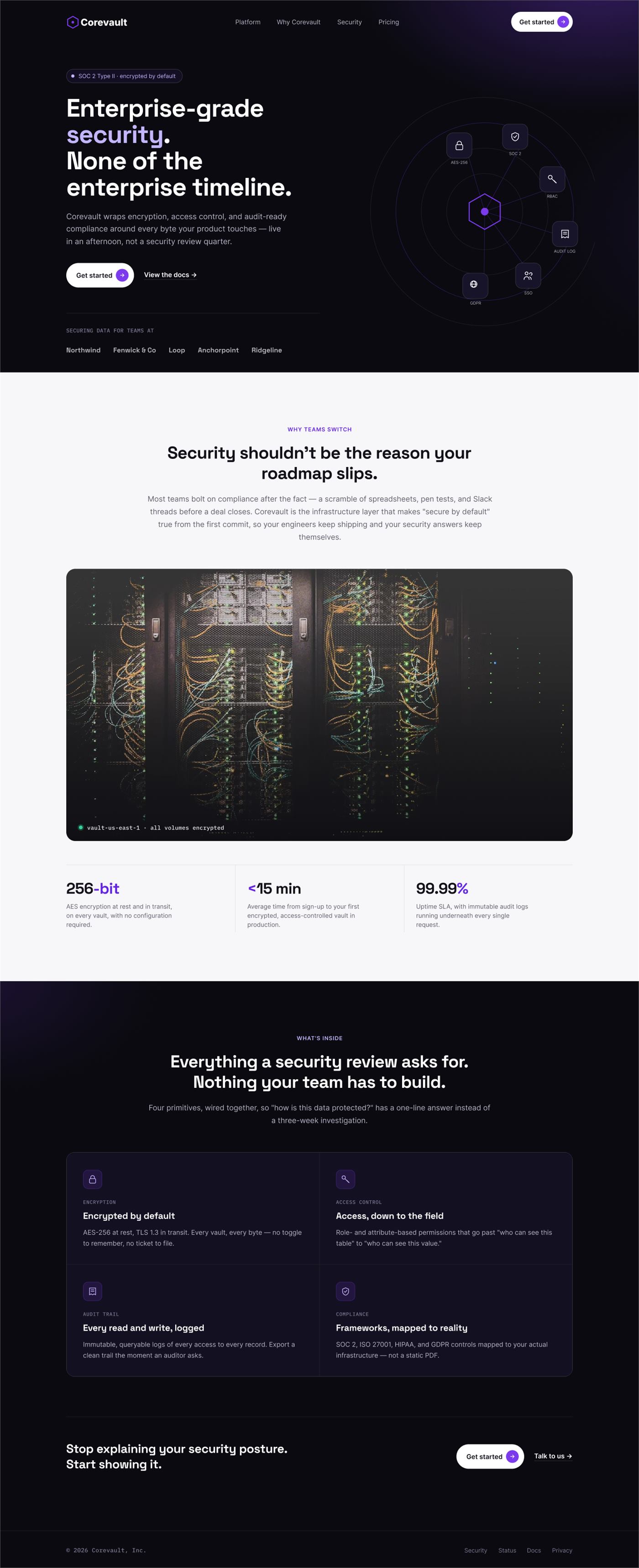 SaaS security product website example, hero and features section